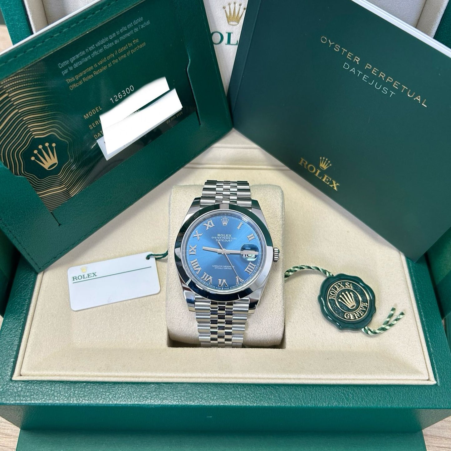 Rolex Datejust 41 Stainless Steel Azzurro Blue Roman Dial Jubilee Bracelet Smooth Bezel 126300