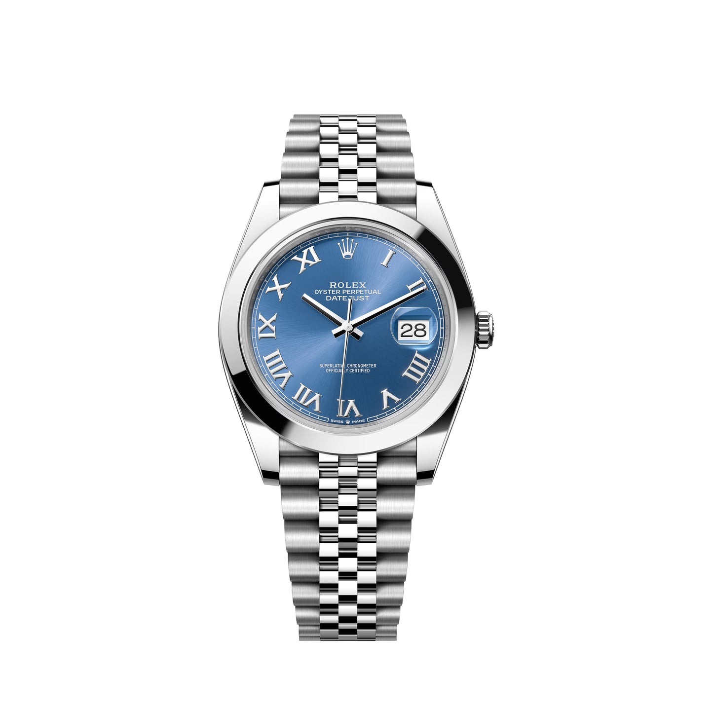 Rolex Datejust 41 Stainless Steel Azzurro Blue Roman Dial Jubilee Bracelet Smooth Bezel 126300
