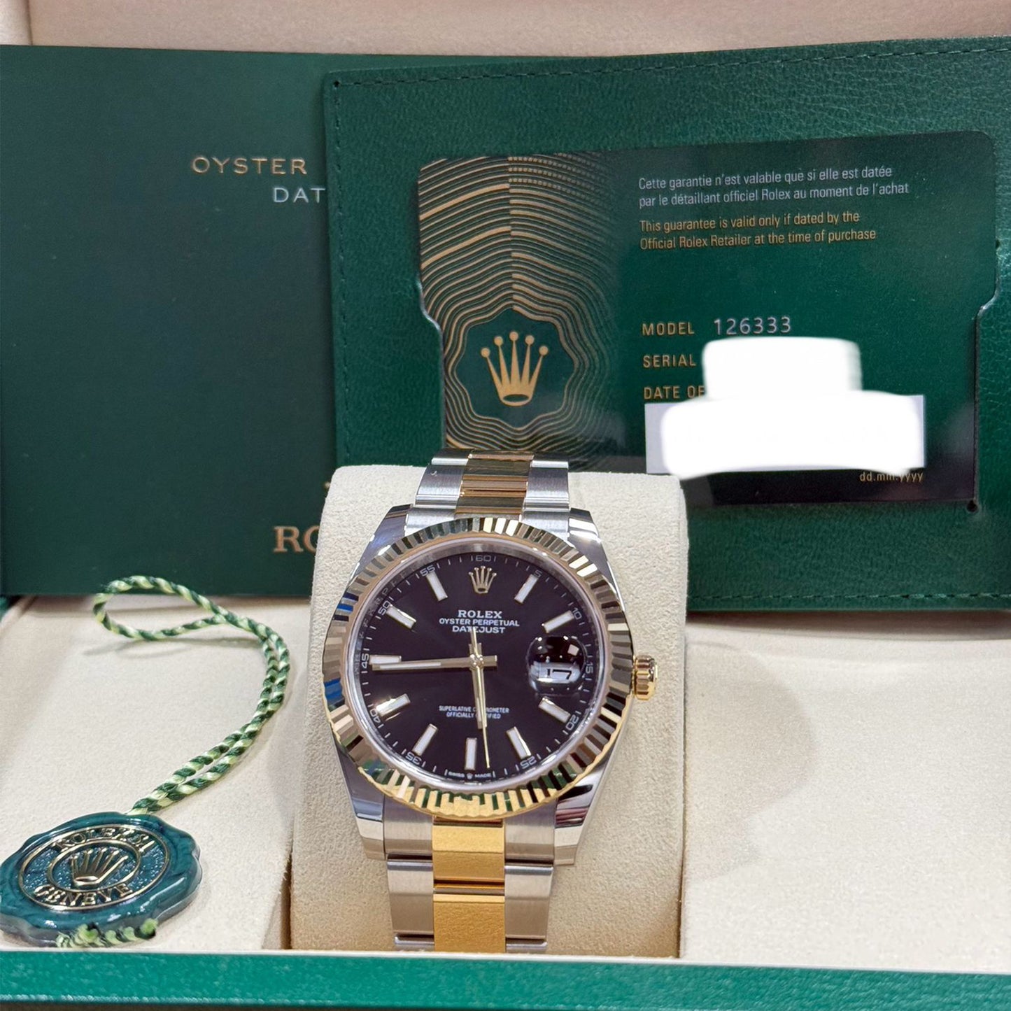 2025 Rolex Datejust 41 Stainless Steel & 18K Yellow Gold Black Index Dial Oyster Bracelet Fluted Bezel 126333