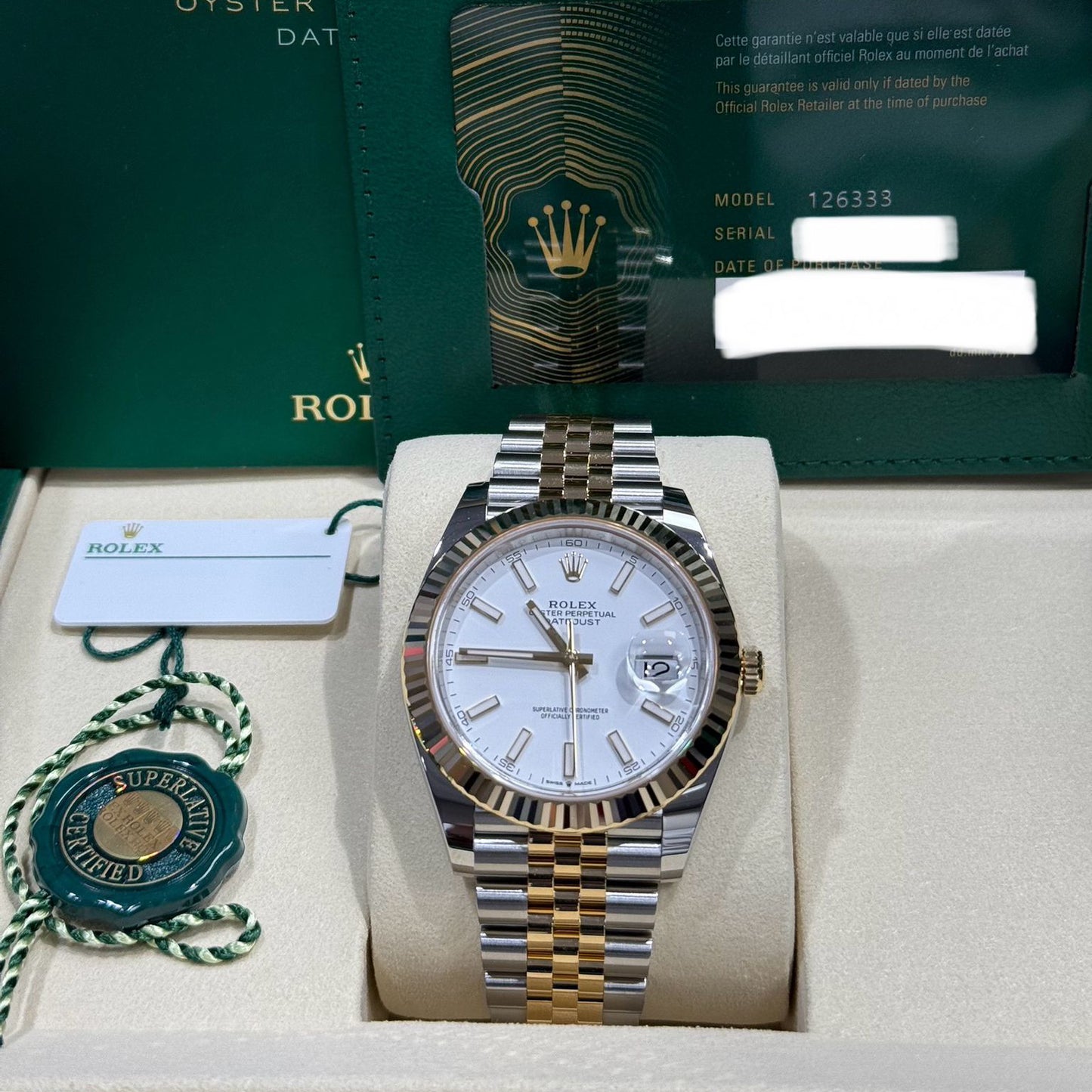 2025 Rolex Datejust 41 Stainless Steel & 18K Yellow Gold White Index Dial Jubilee Bracelet Fluted Bezel 126333