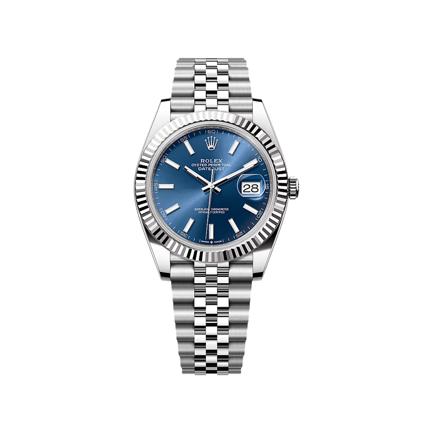 2025 Rolex Datejust 41 Stainless Steel & 18K White Gold Blue Index Dial Jubilee Bracelet Fluted Bezel 126334