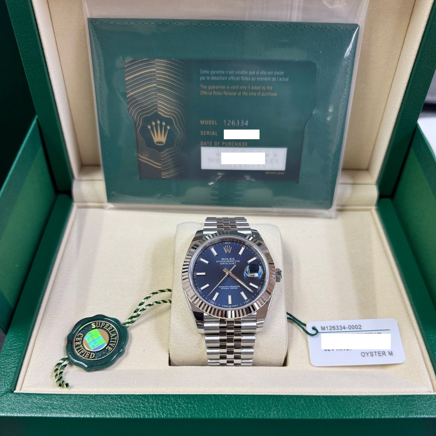 2025 Rolex Datejust 41 Stainless Steel & 18K White Gold Blue Index Dial Jubilee Bracelet Fluted Bezel 126334