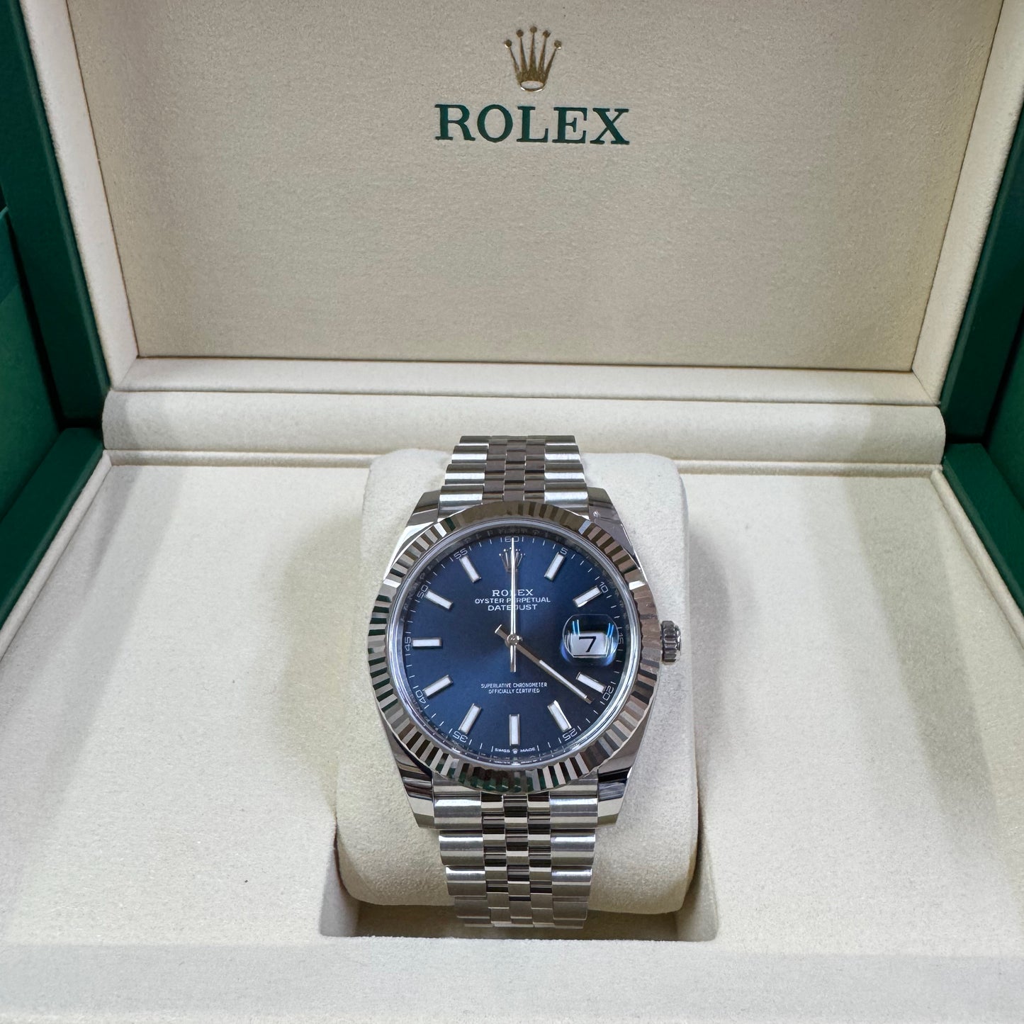 2025 Rolex Datejust 41 Stainless Steel & 18K White Gold Blue Index Dial Jubilee Bracelet Fluted Bezel 126334