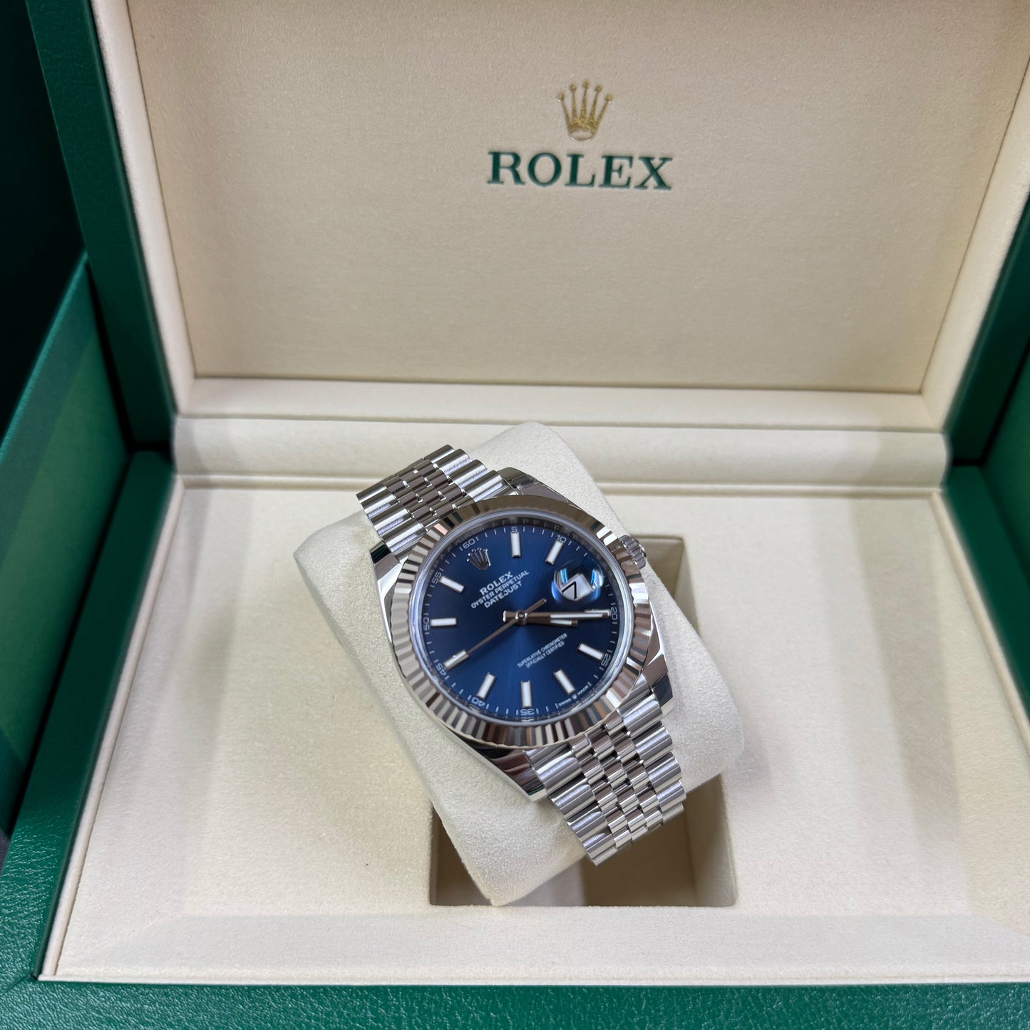 2025 Rolex Datejust 41 Stainless Steel & 18K White Gold Blue Index Dial Jubilee Bracelet Fluted Bezel 126334