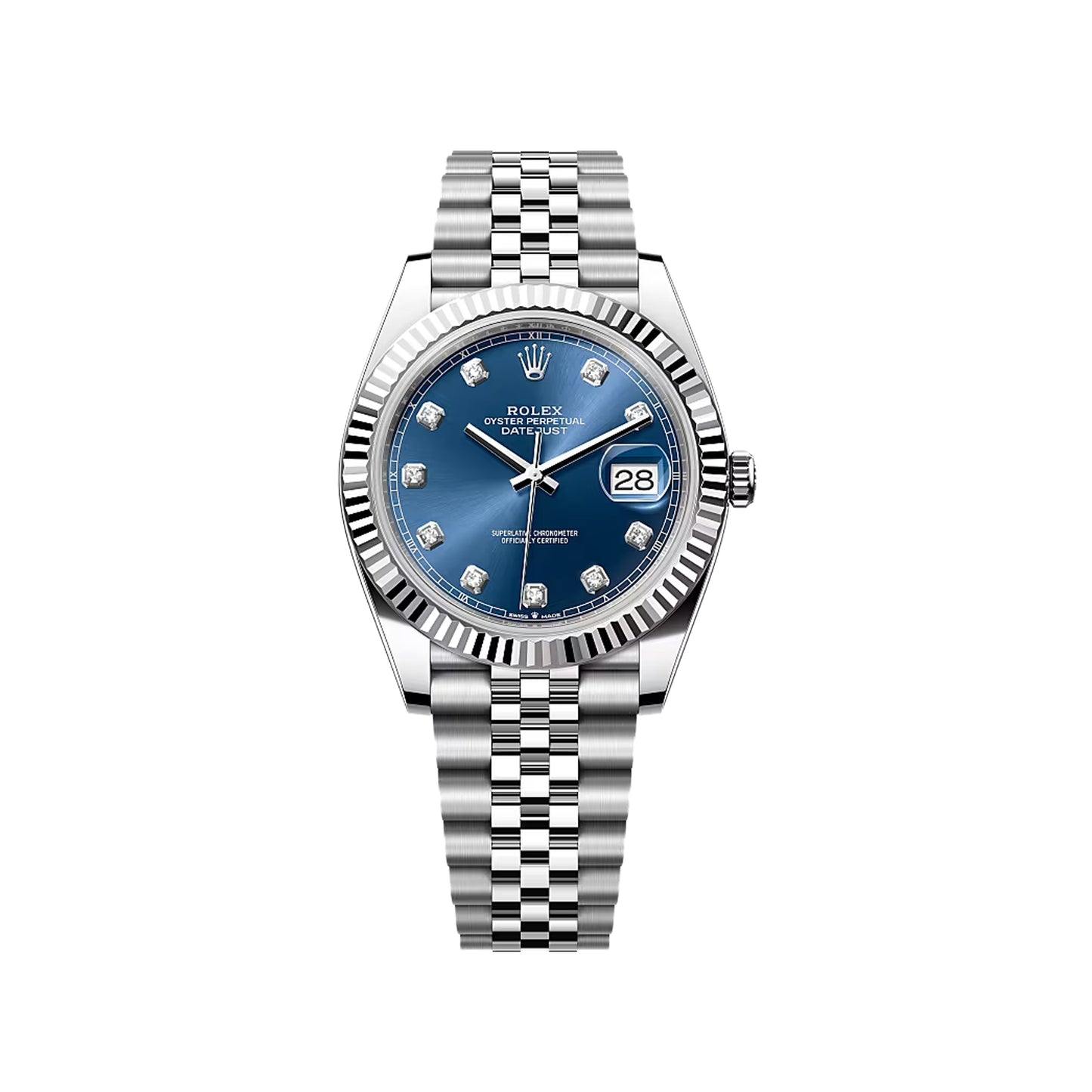 2025 Rolex Datejust 41 Stainless Steel & 18K White Gold Bright Blue Set With Diamonds Dial Jubilee Bracelet Fluted Bezel 126334