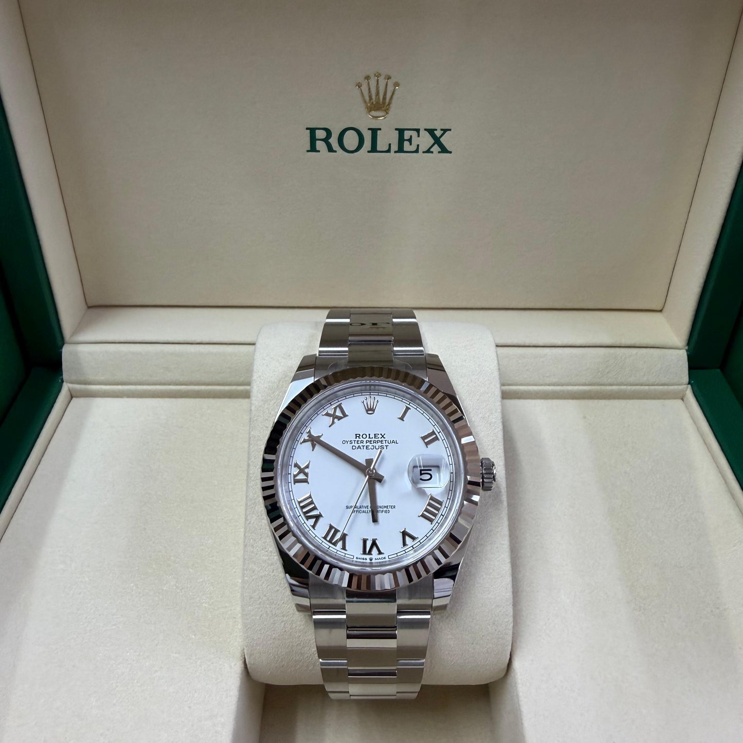 2026 Rolex Datejust 41 Stainless Steel & 18K White Gold White Roman Dial Oyster Bracelet Fluted Bezel 126334