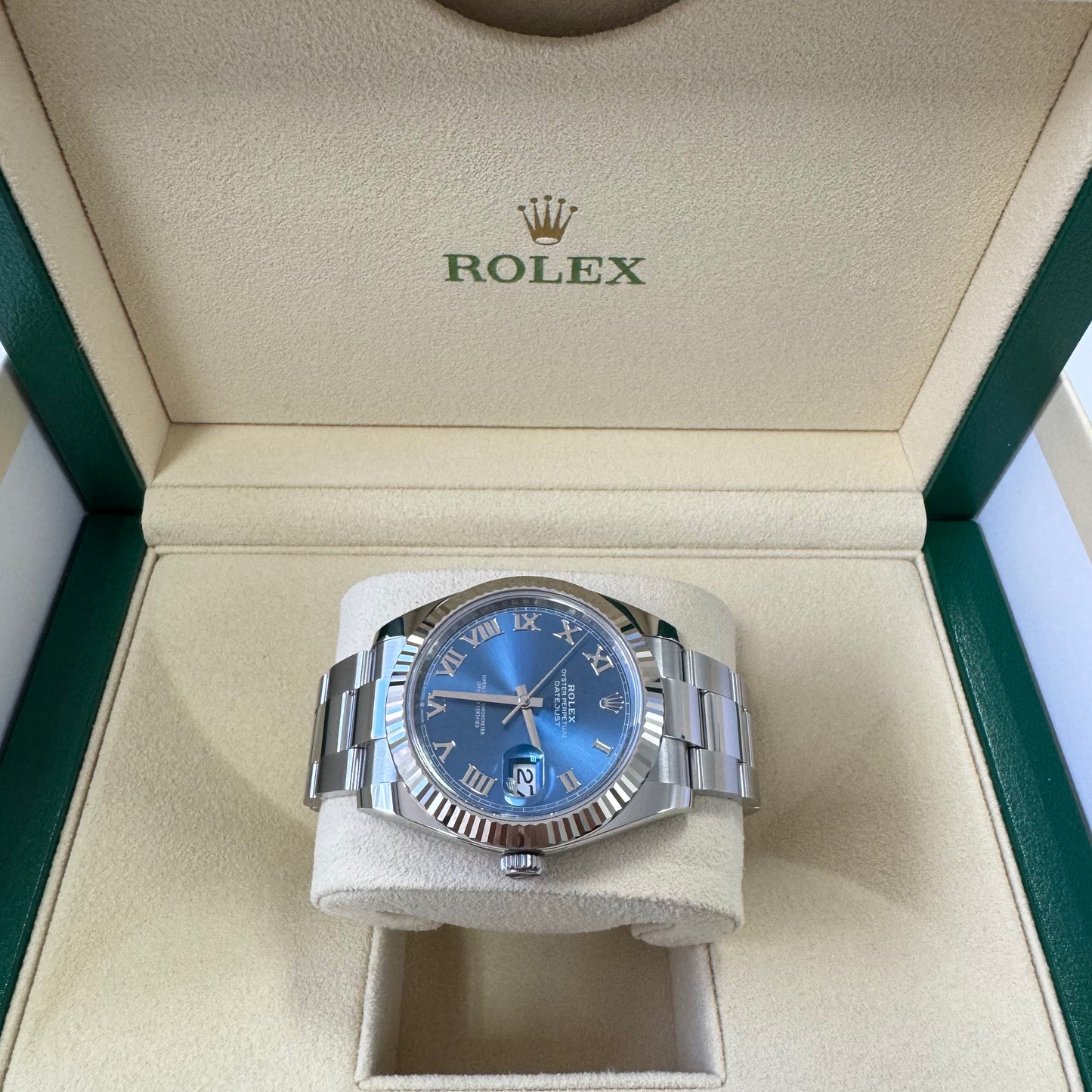 2024 Rolex Datejust 41 Stainless Steel & 18K White Gold Blue Roman Dial Oyster Bracelet Fluted Bezel 126334