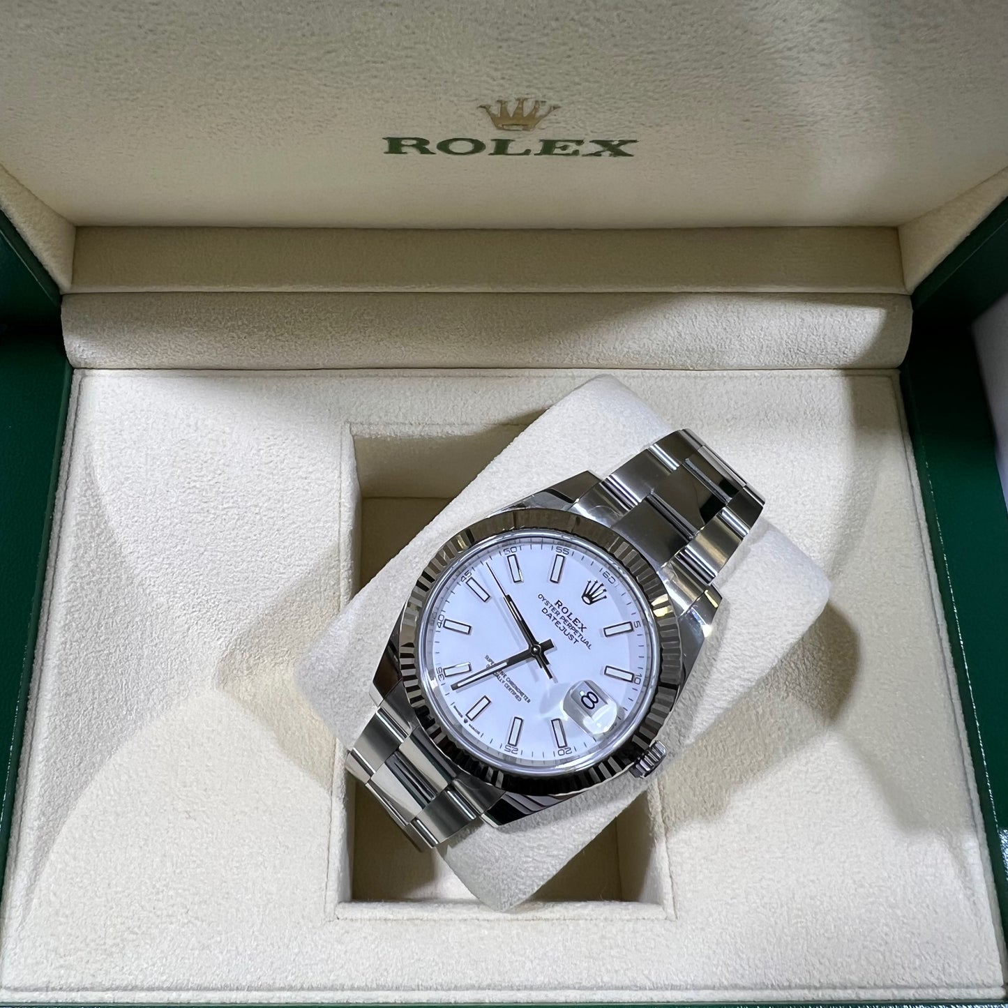 2025 Rolex Datejust 41 Stainless Steel & 18K White Gold White Index Dial Oyster Bracelet Fluted Bezel 126334