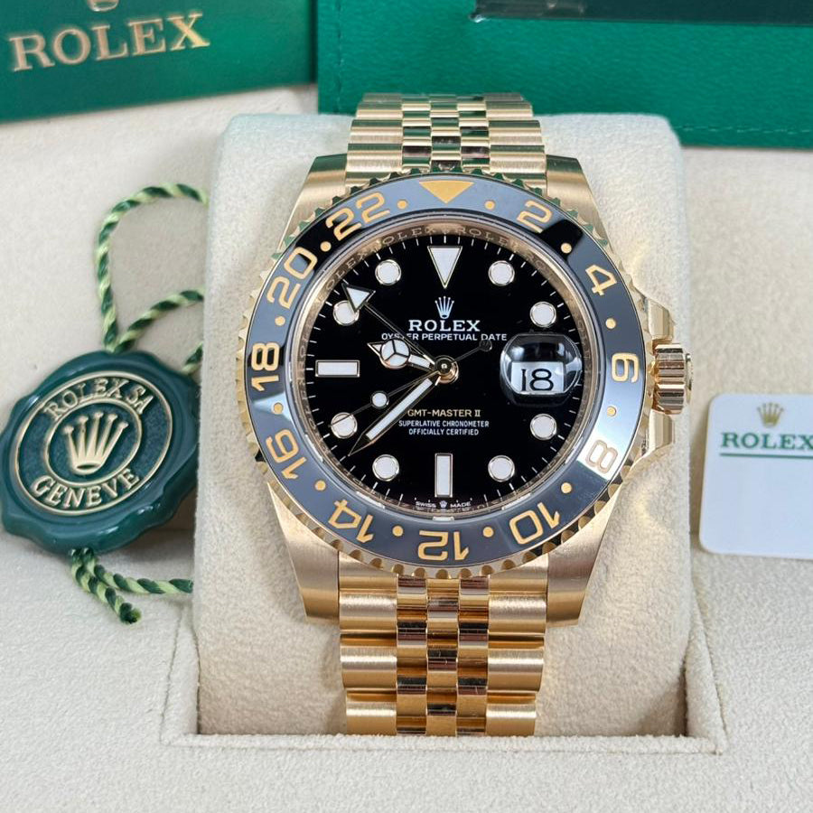 2025 Rolex GMT Master II 40mm 18K Yellow Gold Black Dial Black/Grey Bezel Jubilee Bracelet 126718GRNR