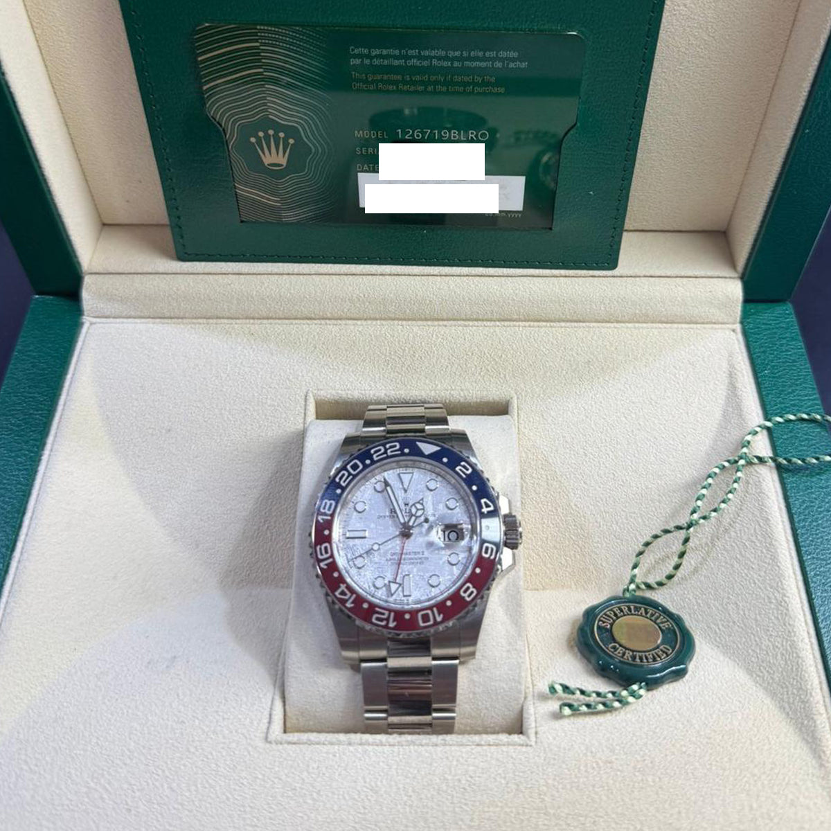 2025 Rolex GMT Master II 40mm 18K White Gold Meteorite Dial Blue/Red (Pepsi) Bezel Oyster Bracelet 126719BLRO