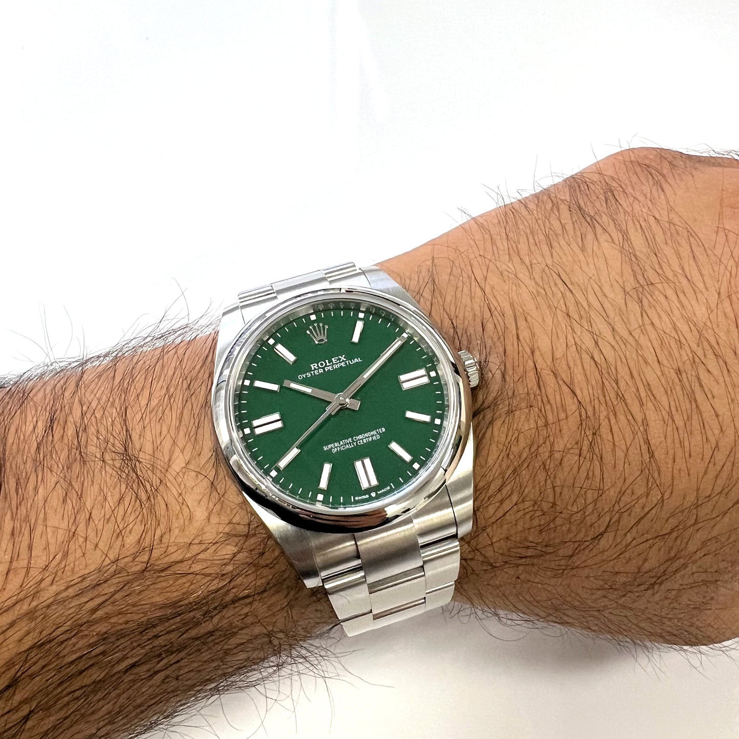 2024 Rolex Oyster Perpetual 41 Stainless Steel Green Index Dial Oyster Bracelet Domed Bezel 124300