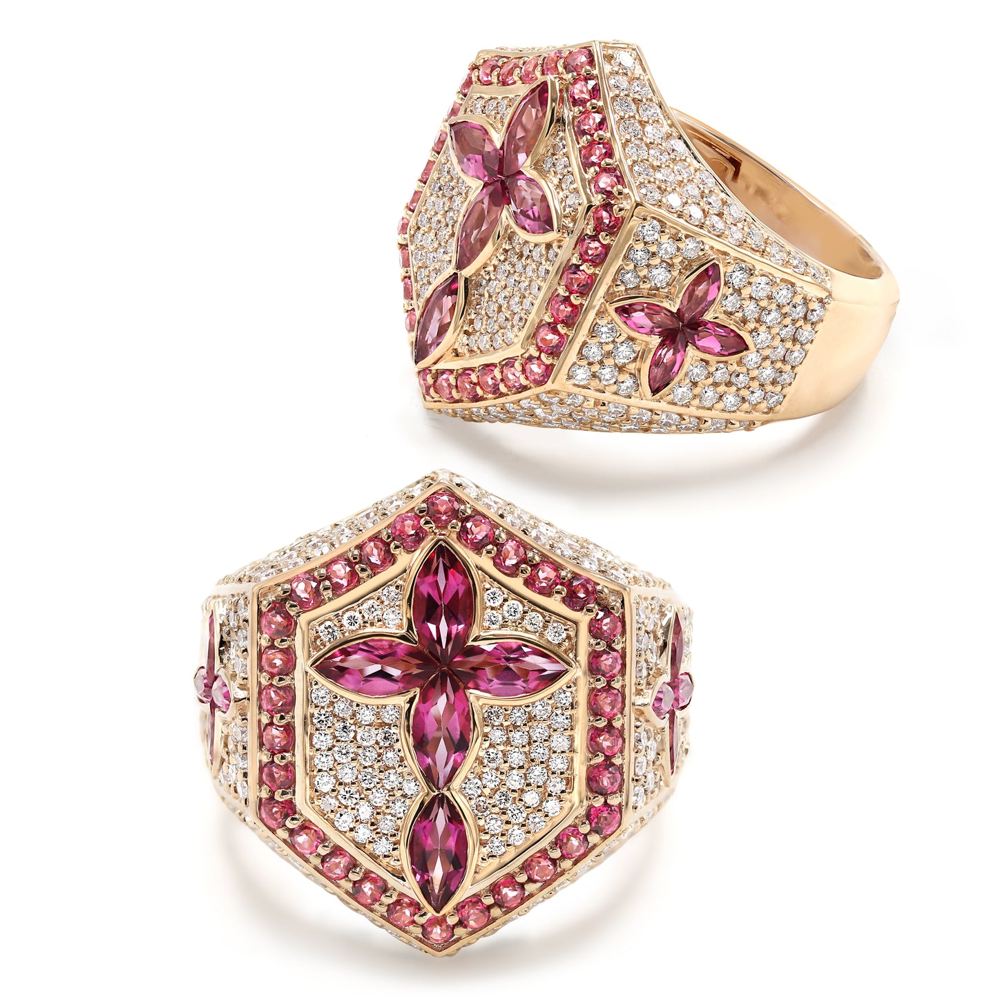 Diamond Cross Ring with Pink Topaz Marquise Cut Gemstones