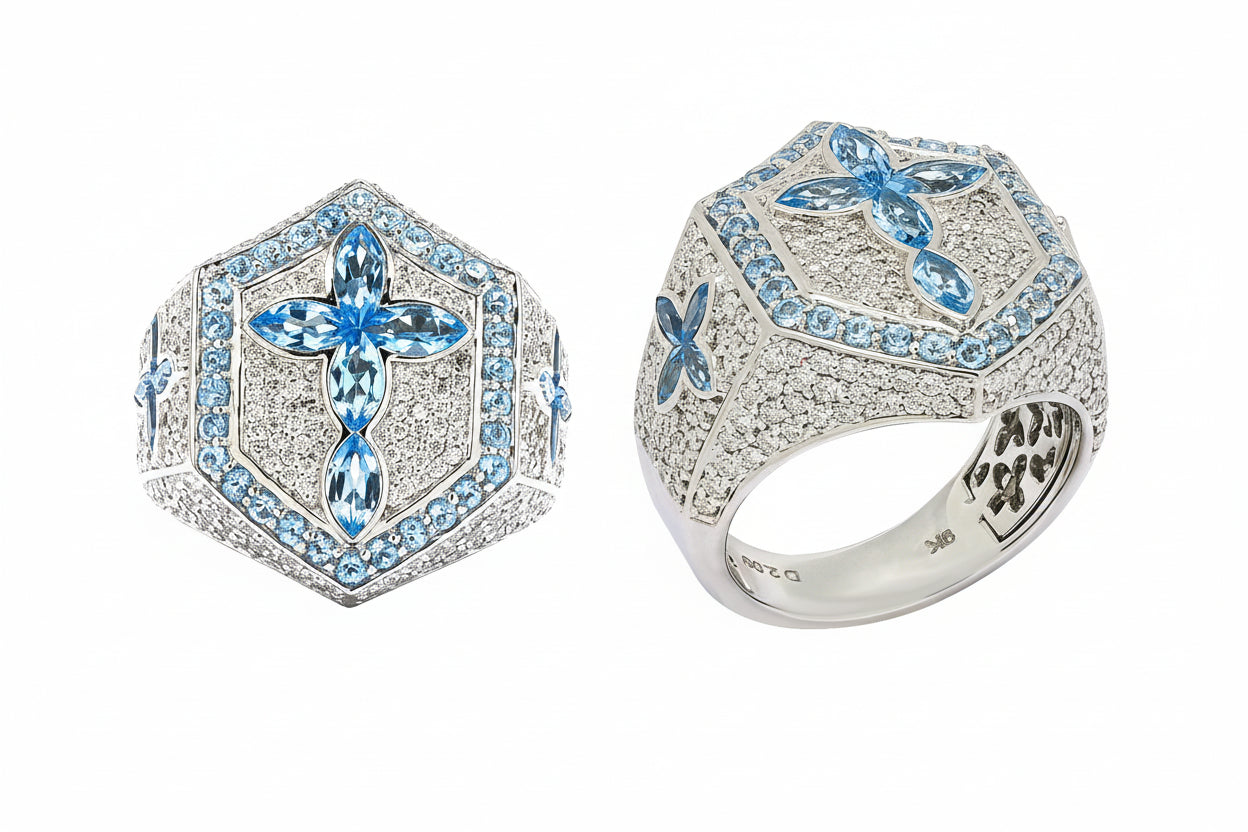 Diamond Cross Ring with Blue Topaz Marquise Cut Gemstones