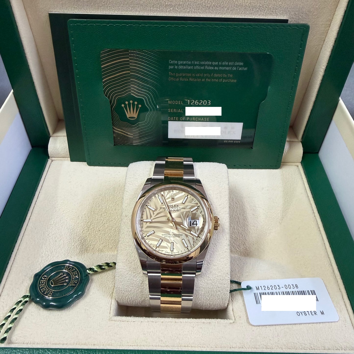 2023 Rolex Datejust 36 Stainless Steel & 18K Yellow Gold Palm-Motif Dial Oyster Bracelet Smooth Bezel 126203