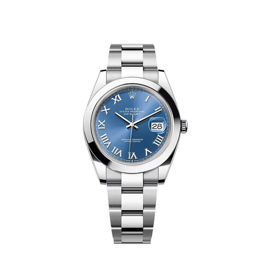 2025 Rolex Datejust 41 Stainless Steel Azzurro Blue Roman Dial Oyster Bracelet Smooth Bezel 126300