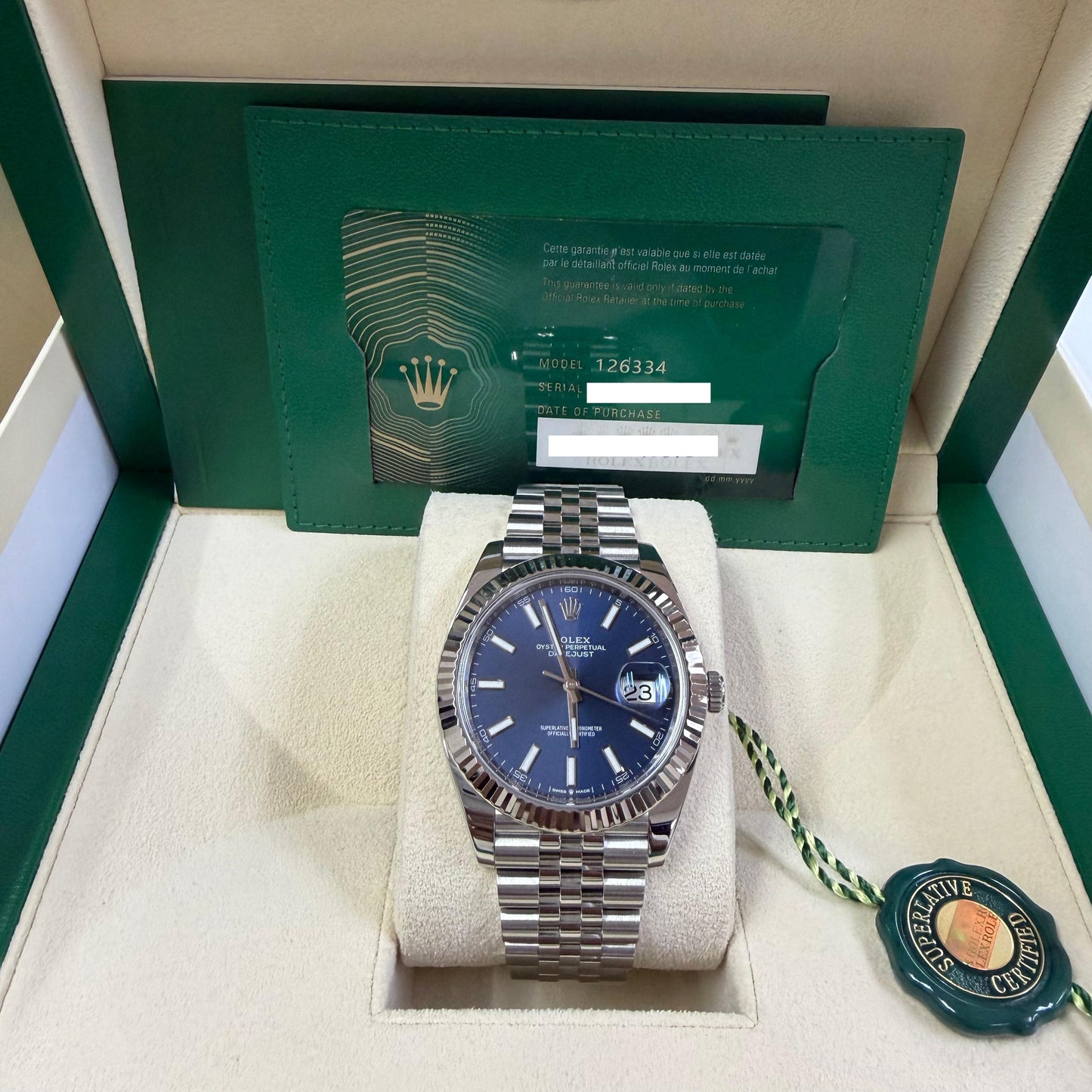 2020 Rolex Datejust 41 Stainless Steel & 18K White Gold Blue Index Dial Jubilee Bracelet Fluted Bezel 126334