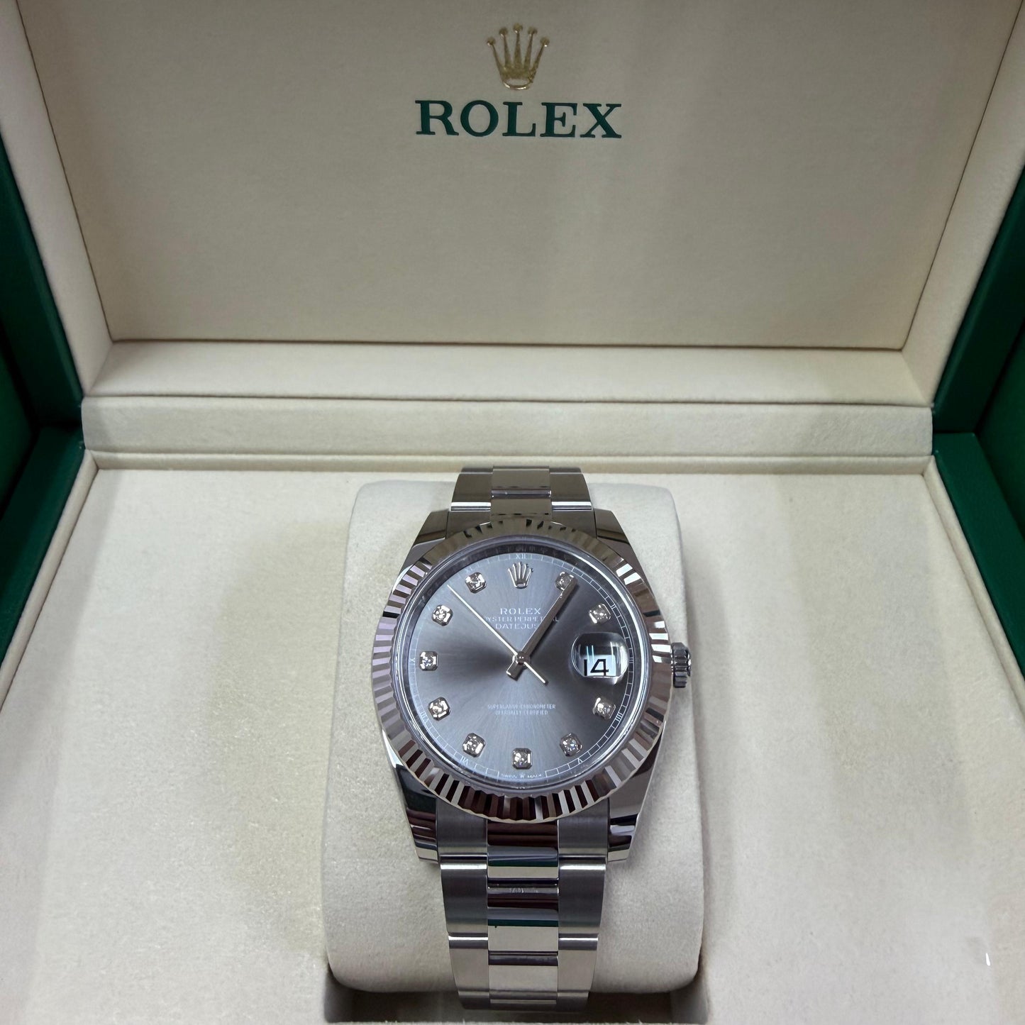 2026 Rolex Datejust 41 Stainless Steel & 18K White Gold Slate Set With Diamonds Dial Oyster Bracelet Fluted Bezel 126334