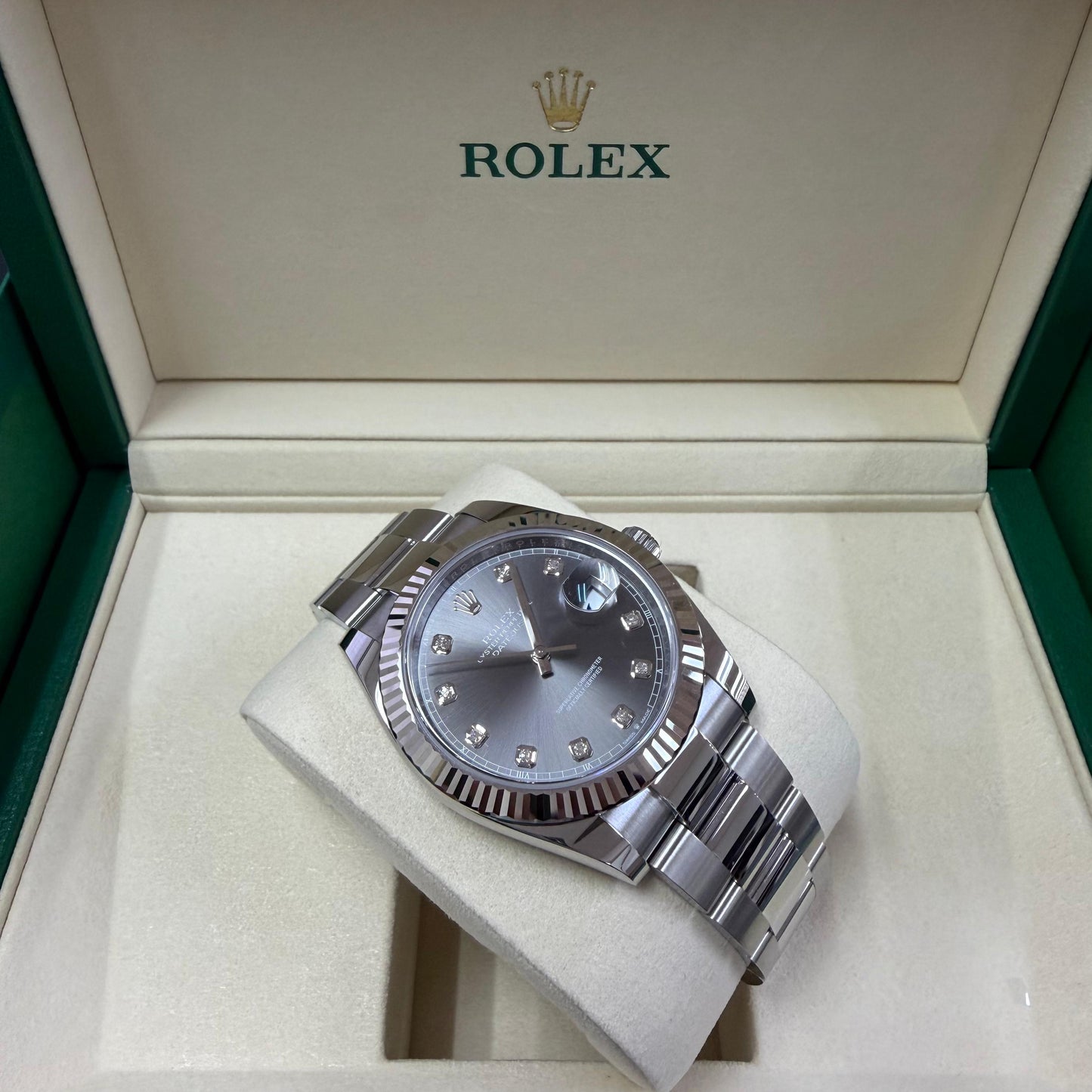 2026 Rolex Datejust 41 Stainless Steel & 18K White Gold Slate Set With Diamonds Dial Oyster Bracelet Fluted Bezel 126334