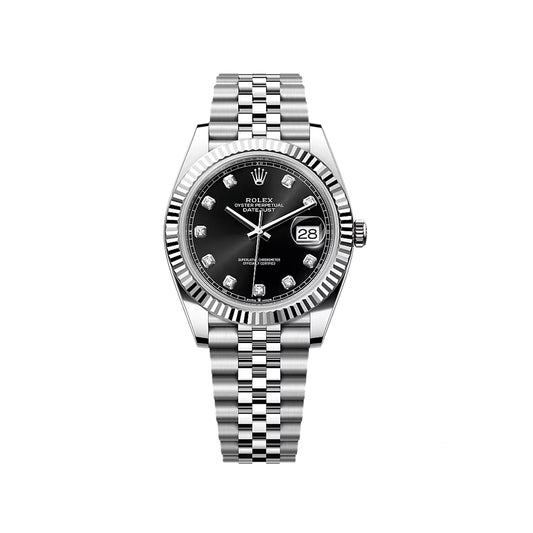 2025 Rolex Datejust 41 Stainless Steel & 18K White Gold Bright Black Set With Diamonds Dial Jubilee Bracelet Fluted Bezel 126334