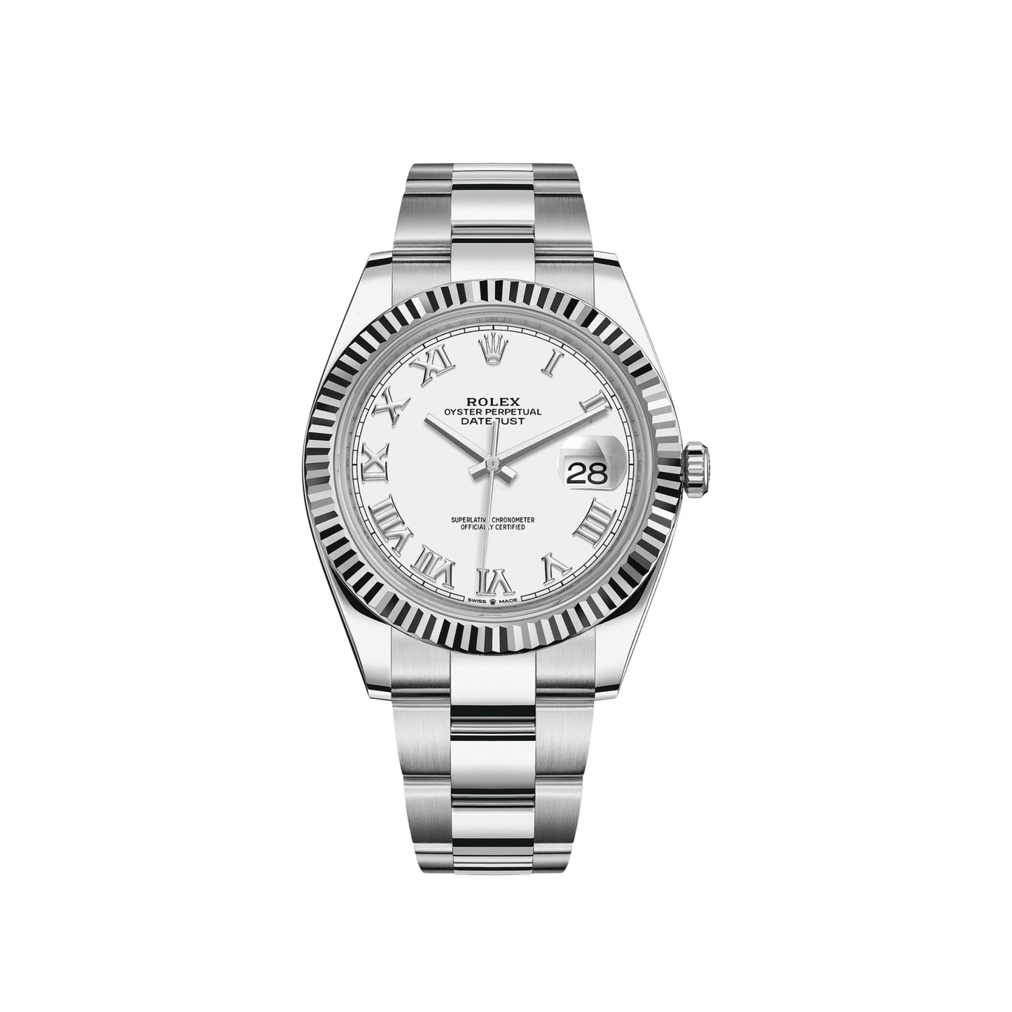 2026 Rolex Datejust 41 Stainless Steel & 18K White Gold White Roman Dial Oyster Bracelet Fluted Bezel 126334