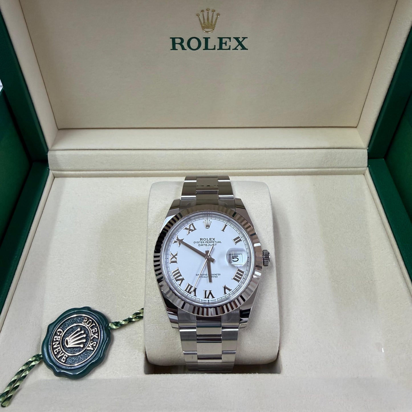 2026 Rolex Datejust 41 Stainless Steel & 18K White Gold White Roman Dial Oyster Bracelet Fluted Bezel 126334
