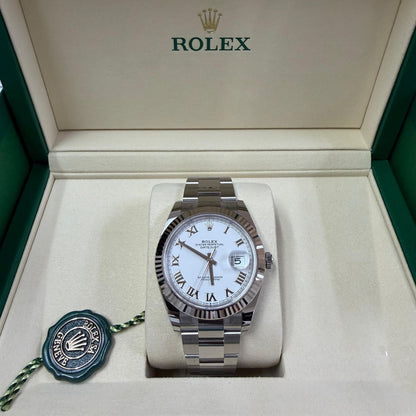 2026 Rolex Datejust 41 Stainless Steel & 18K White Gold White Roman Dial Oyster Bracelet Fluted Bezel 126334