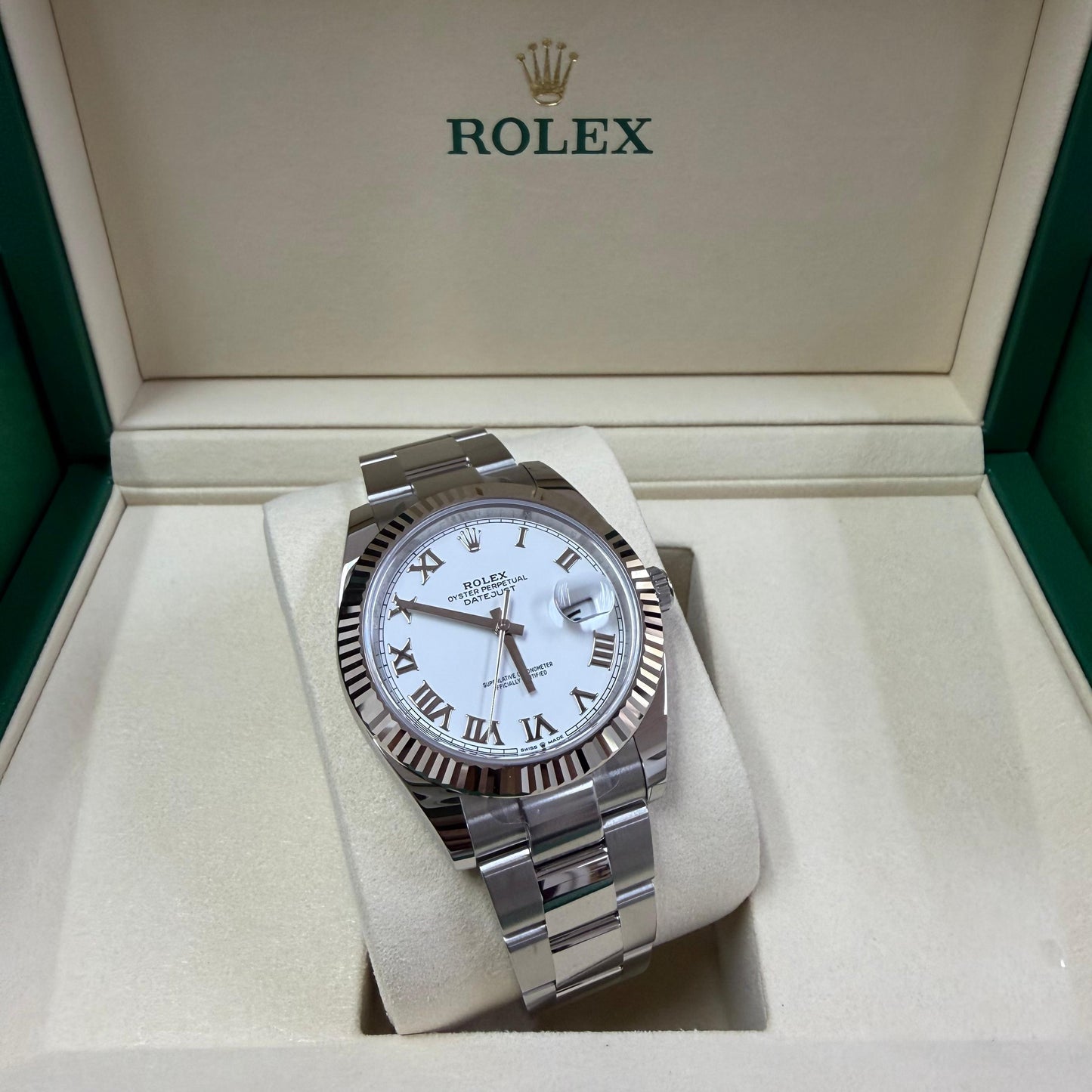 2026 Rolex Datejust 41 Stainless Steel & 18K White Gold White Roman Dial Oyster Bracelet Fluted Bezel 126334