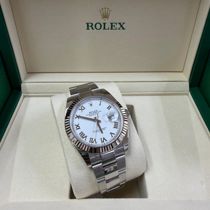 2026 Rolex Datejust 41 Stainless Steel & 18K White Gold White Roman Dial Oyster Bracelet Fluted Bezel 126334