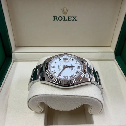 2026 Rolex Datejust 41 Stainless Steel & 18K White Gold White Roman Dial Oyster Bracelet Fluted Bezel 126334