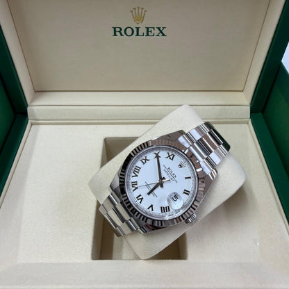 2026 Rolex Datejust 41 Stainless Steel & 18K White Gold White Roman Dial Oyster Bracelet Fluted Bezel 126334