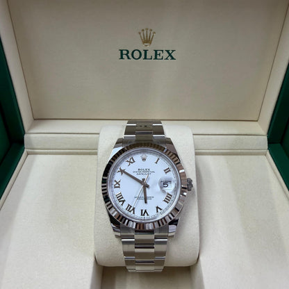 2026 Rolex Datejust 41 Stainless Steel & 18K White Gold White Roman Dial Oyster Bracelet Fluted Bezel 126334