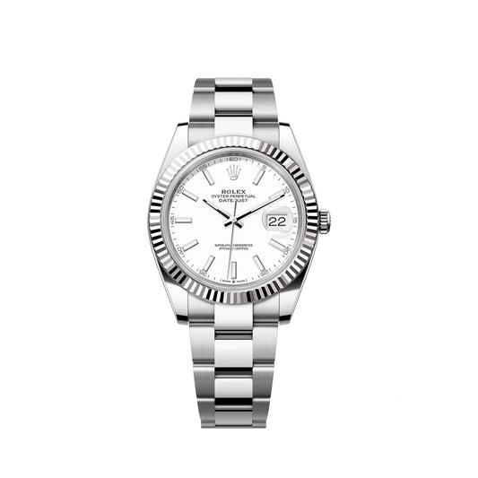 2025 Rolex Datejust 41 Stainless Steel & 18K White Gold White Index Dial Oyster Bracelet Fluted Bezel 126334