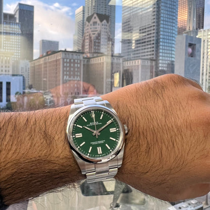 2024 Rolex Oyster Perpetual 41 Stainless Steel Green Index Dial Oyster Bracelet Domed Bezel 124300