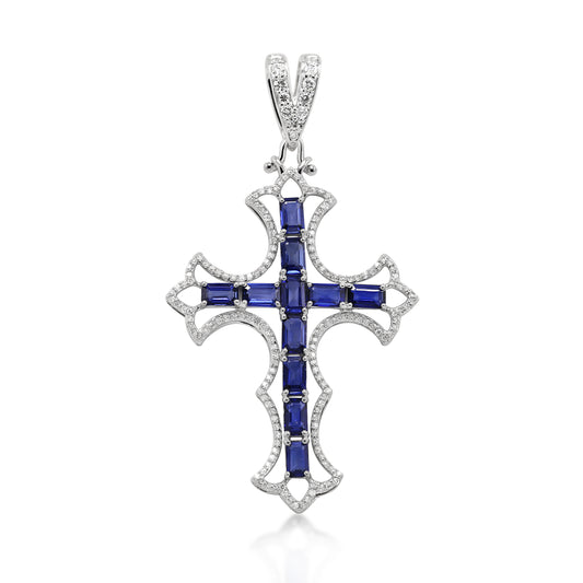 Natural Blue Sapphire and Diamond Cross Pendent