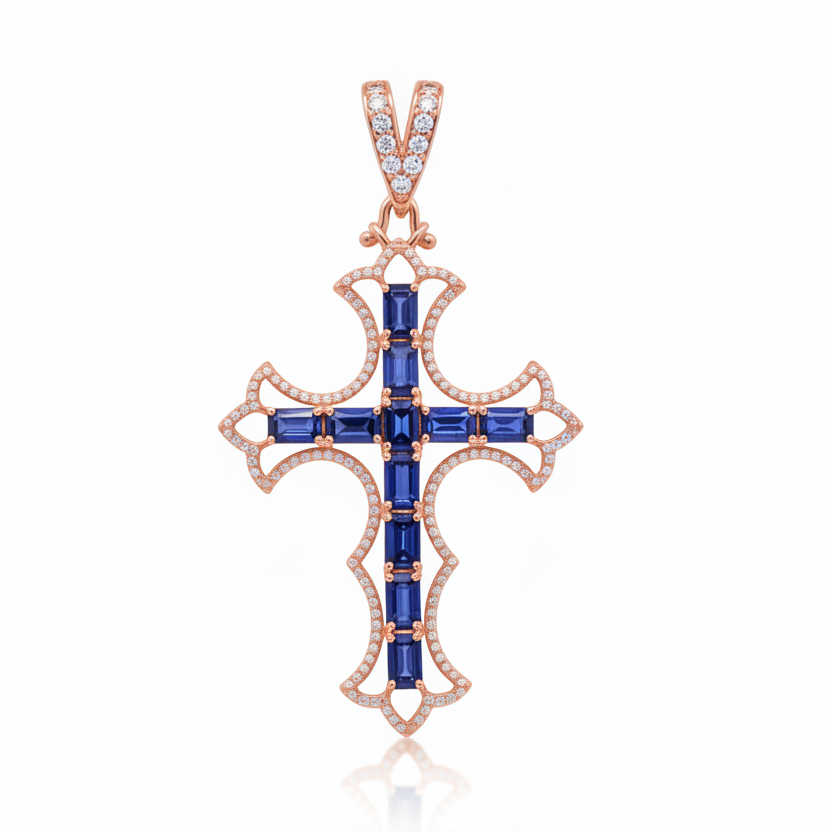 Natural Blue Sapphire and Diamond Cross Pendent