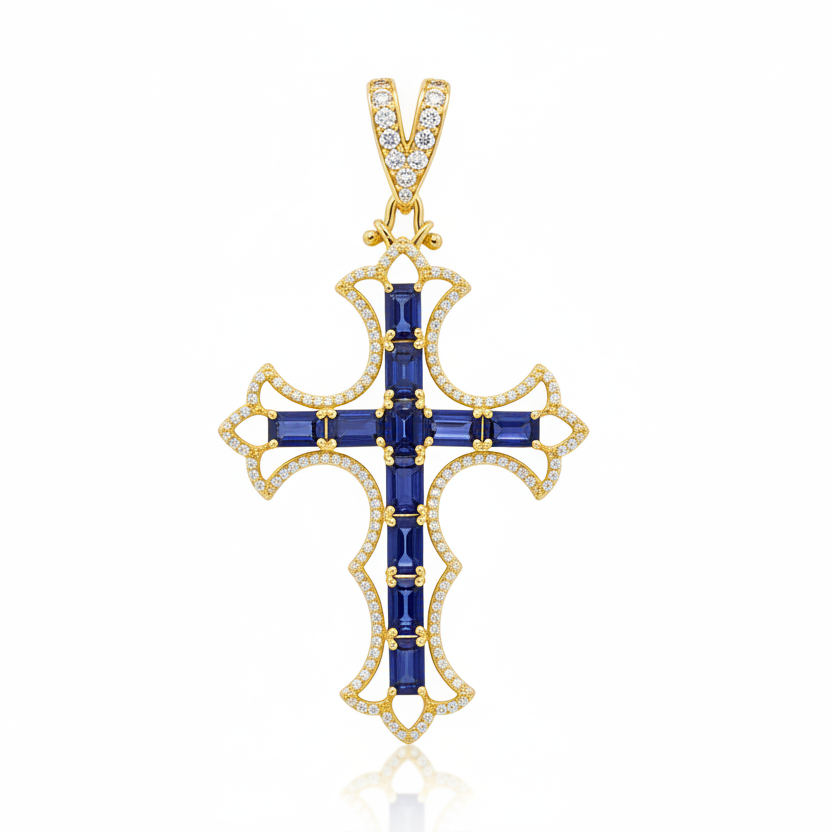 Natural Blue Sapphire and Diamond Cross Pendent