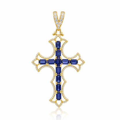 Natural Blue Sapphire and Diamond Cross Pendent