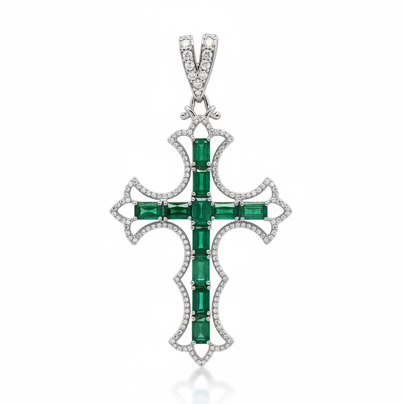Natural Emerald and Diamond Cross Pendent