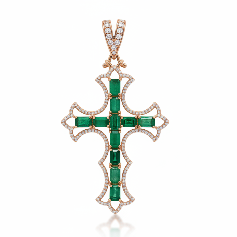 Natural Emerald and Diamond Cross Pendent