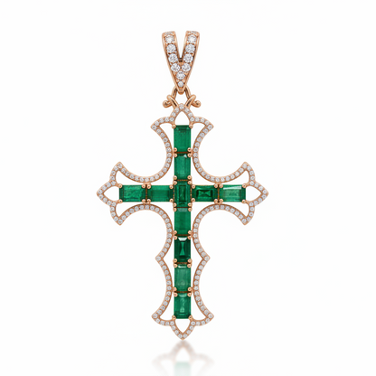 Natural Emerald and Diamond Cross Pendent