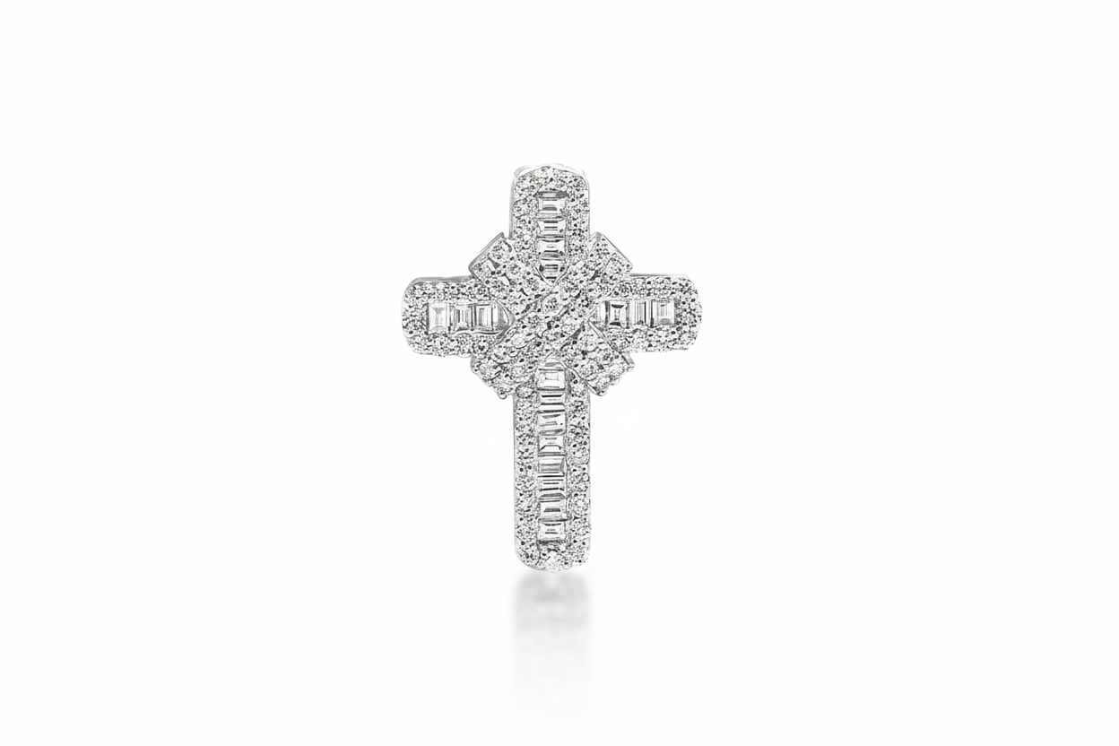 Natural Baguette Diamond Cross Pendant in Gold