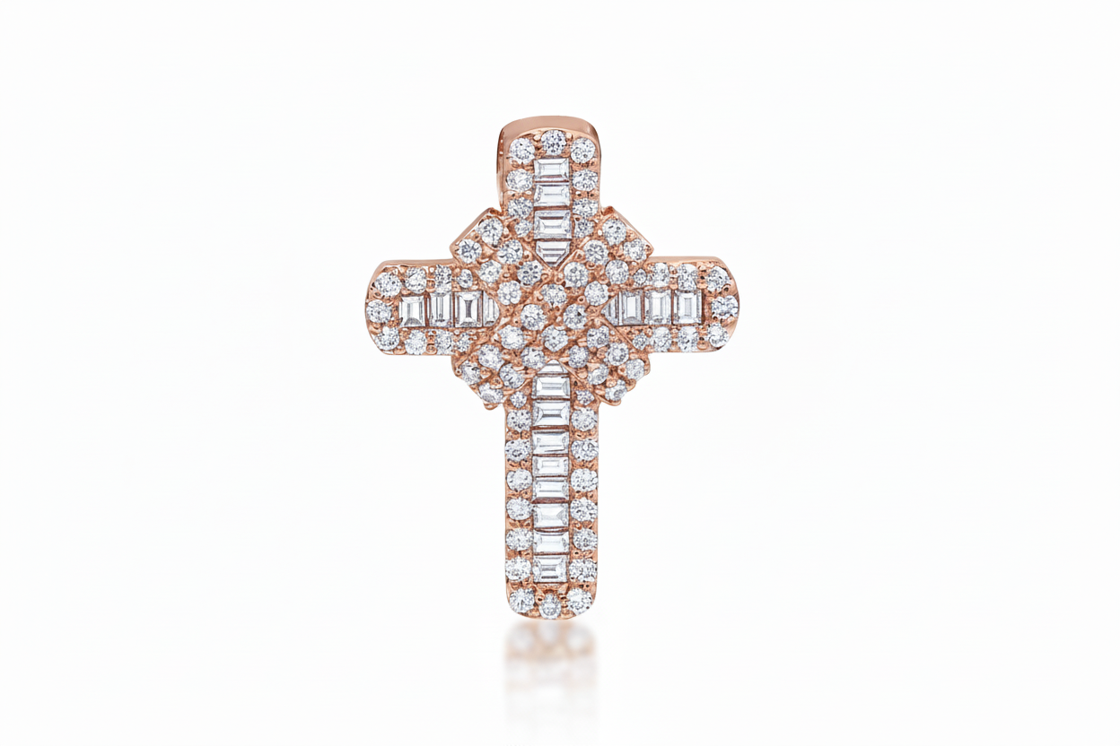 Natural Baguette Diamond Cross Pendant in Gold