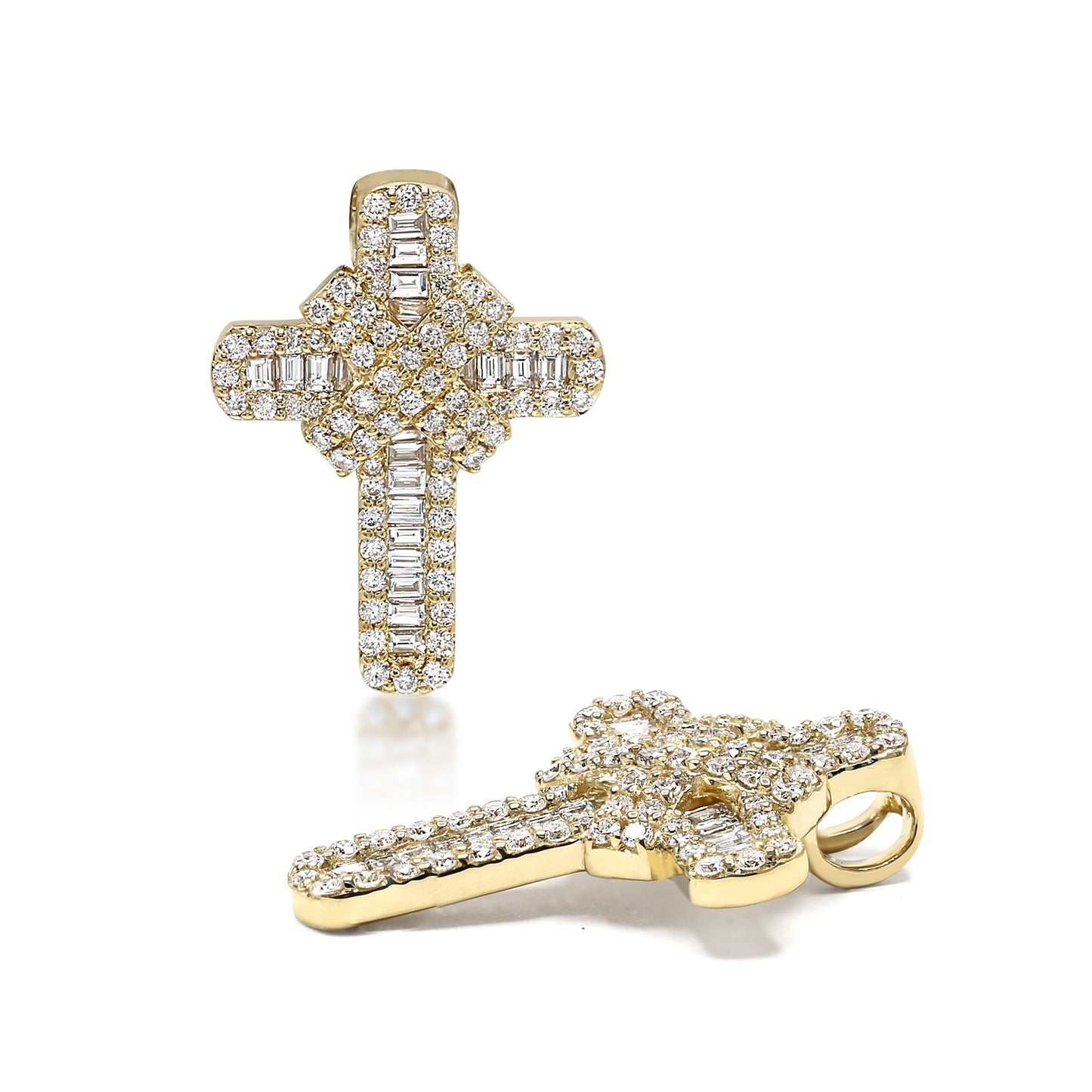Natural Baguette Diamond Cross Pendant in Gold