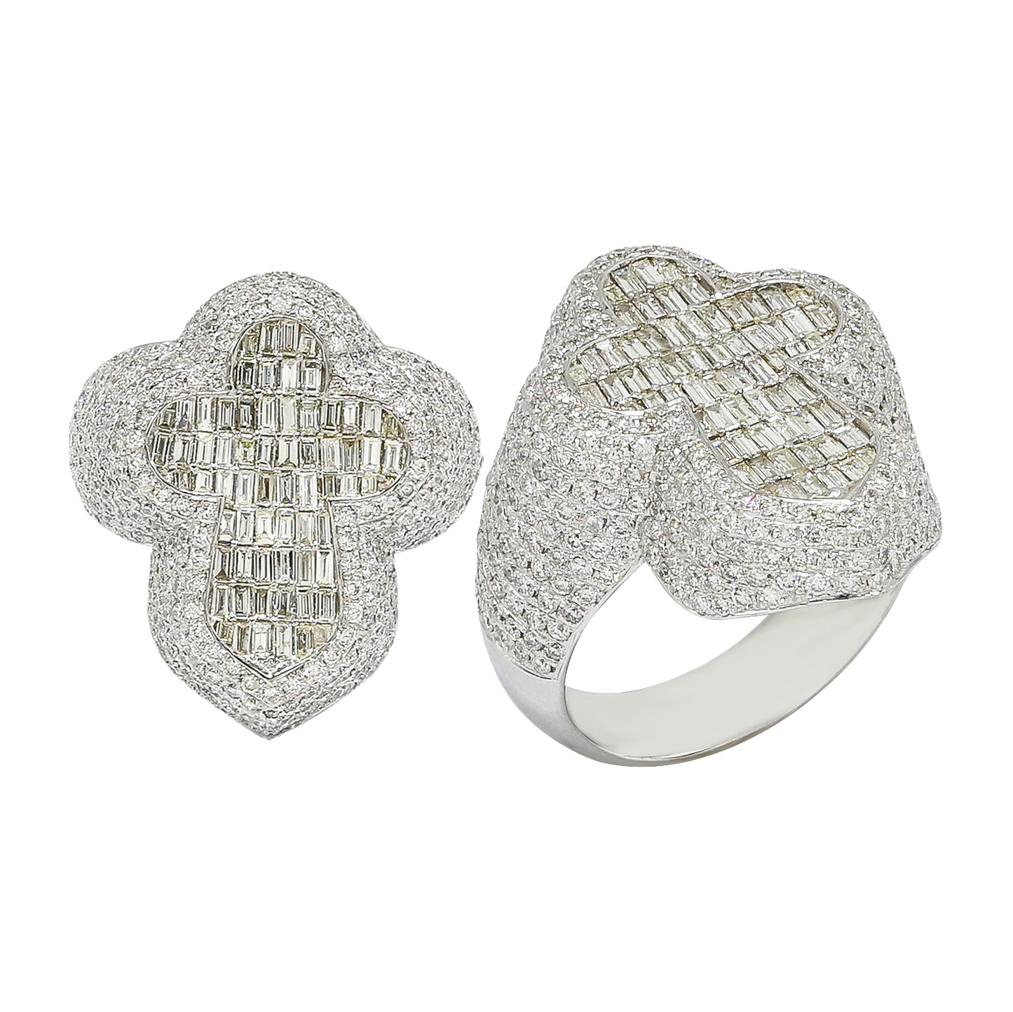 Baguette And Round Border Cross Diamond Signet Ring Solid Gold 3.43 ctw