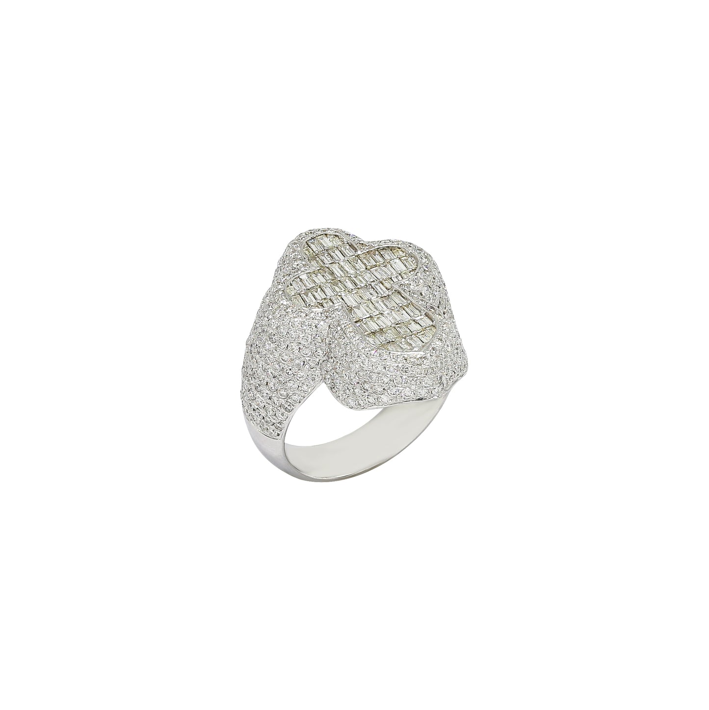 Baguette And Round Border Cross Diamond Signet Ring Solid Gold 3.43 ctw