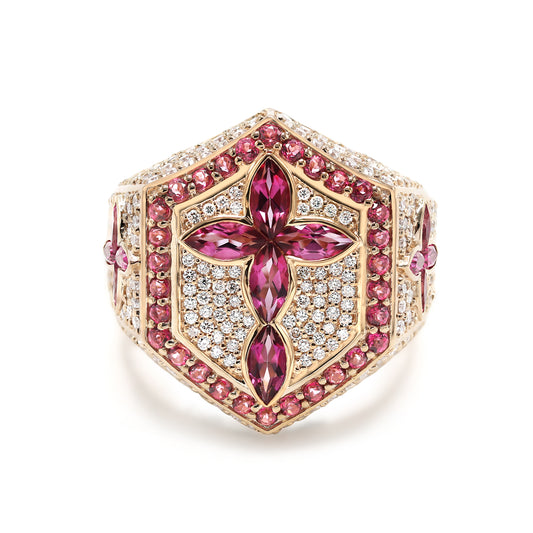 Diamond Cross Ring with Pink Topaz Marquise Cut Gemstones