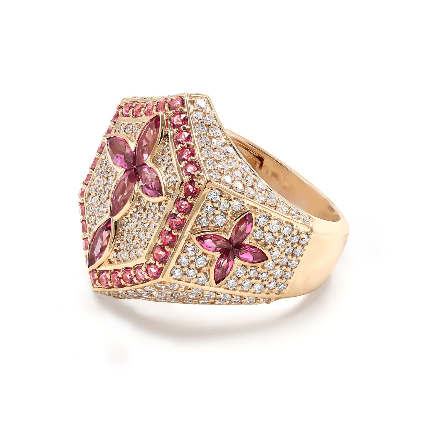 Diamond Cross Ring with Pink Topaz Marquise Cut Gemstones