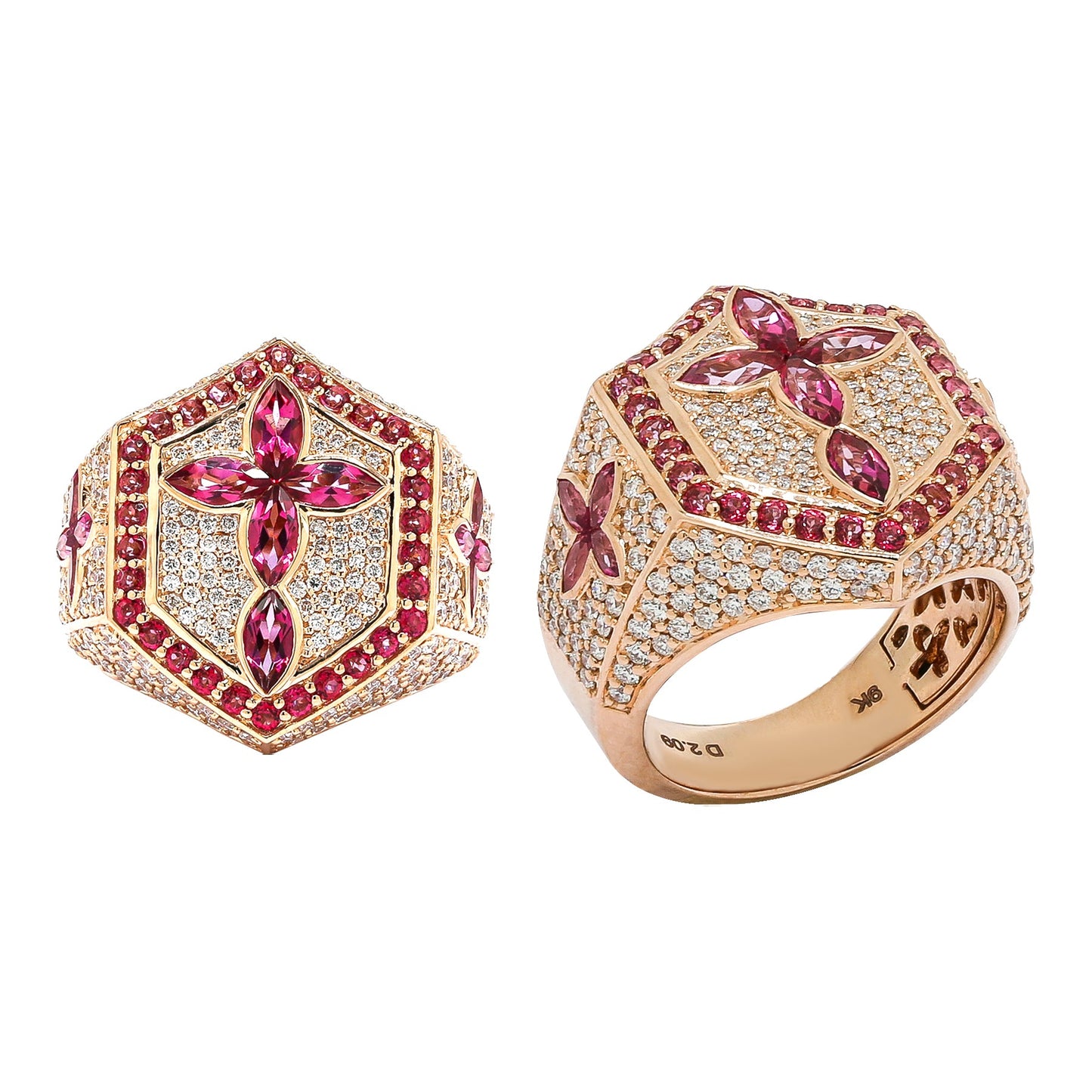 Diamond Cross Ring with Pink Topaz Marquise Cut Gemstones