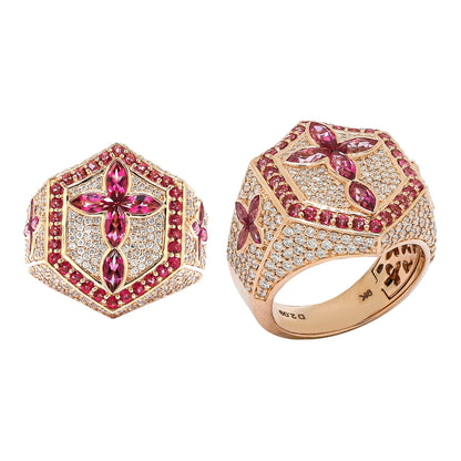 Diamond Cross Ring with Pink Topaz Marquise Cut Gemstones