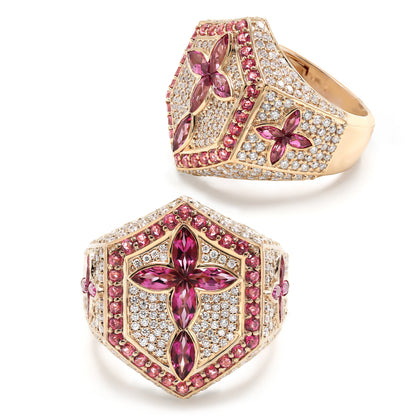 Diamond Cross Ring with Pink Topaz Marquise Cut Gemstones
